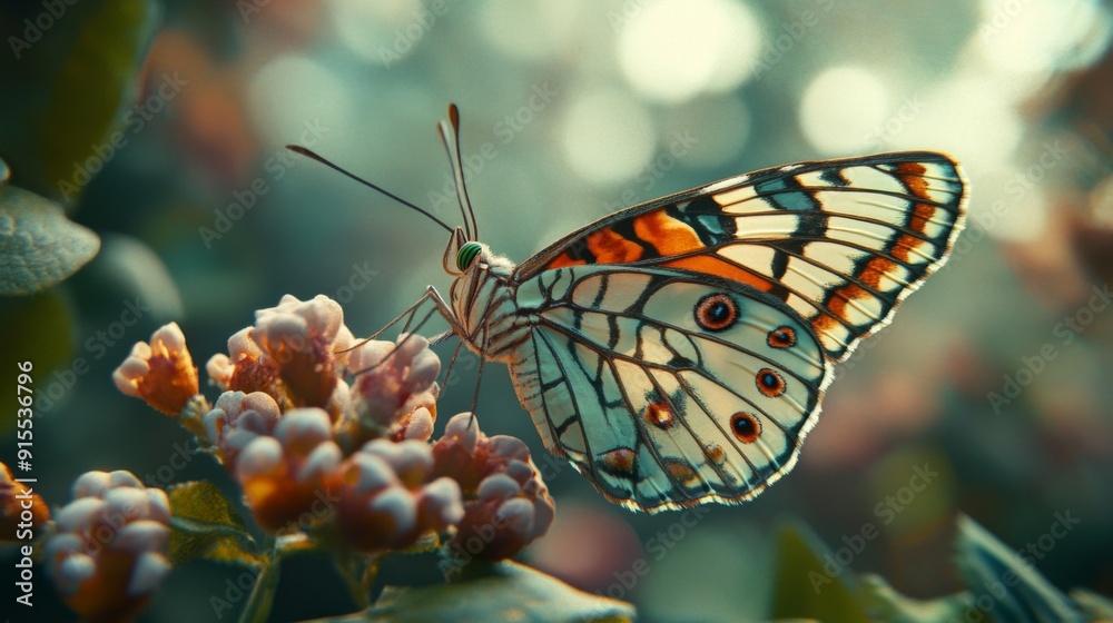 Poster A detailed view of a butterfly resting on a flower, capturing the intricate patterns on its wings.