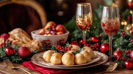 Fototapeta premium Elegant Holiday Dinner Setting with Festive Decorations and Gourmet Appetizers at Christmas Celebration