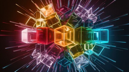 Obraz premium Vibrant Multicolored Transparent and Opaque Cubes Against Dark Background