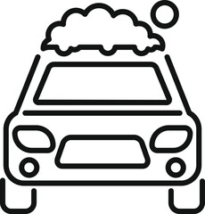 Simple black and white line drawing of a car with soap suds on its roof at a car wash