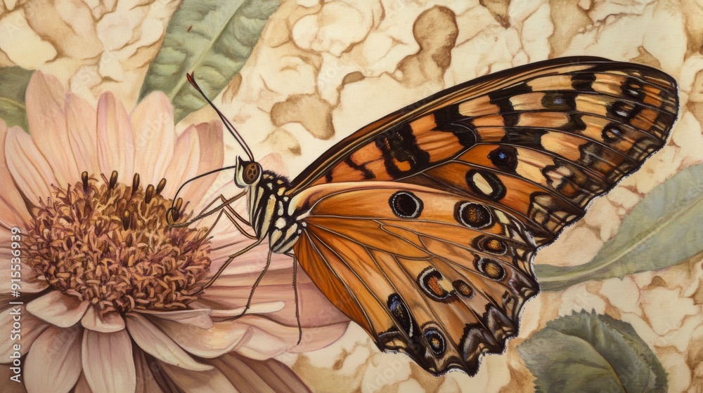 Poster A detailed view of a butterfly resting on a flower, capturing the intricate patterns on its wings.