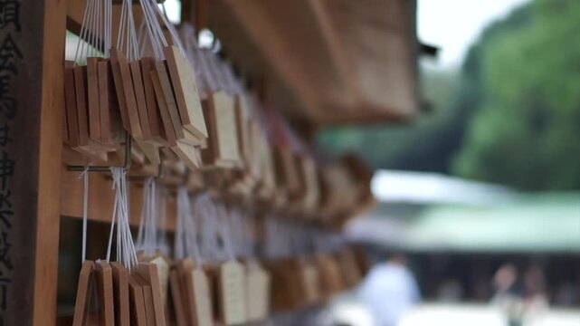 Hanging wood board write for wish and desire in shinto temple Tokyo Japan 4k