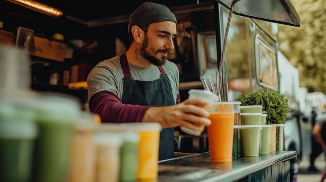 
A bearded man working at an eco-friendly food truck, serving fresh smoothies in reusable cups, surrounded by vibrant fruits and vegetables