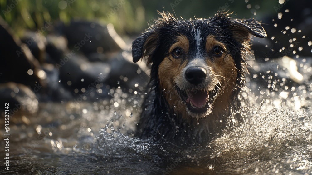 Poster a detailed view of a dog splashing in a shallow stream, with water droplets flying around and a look