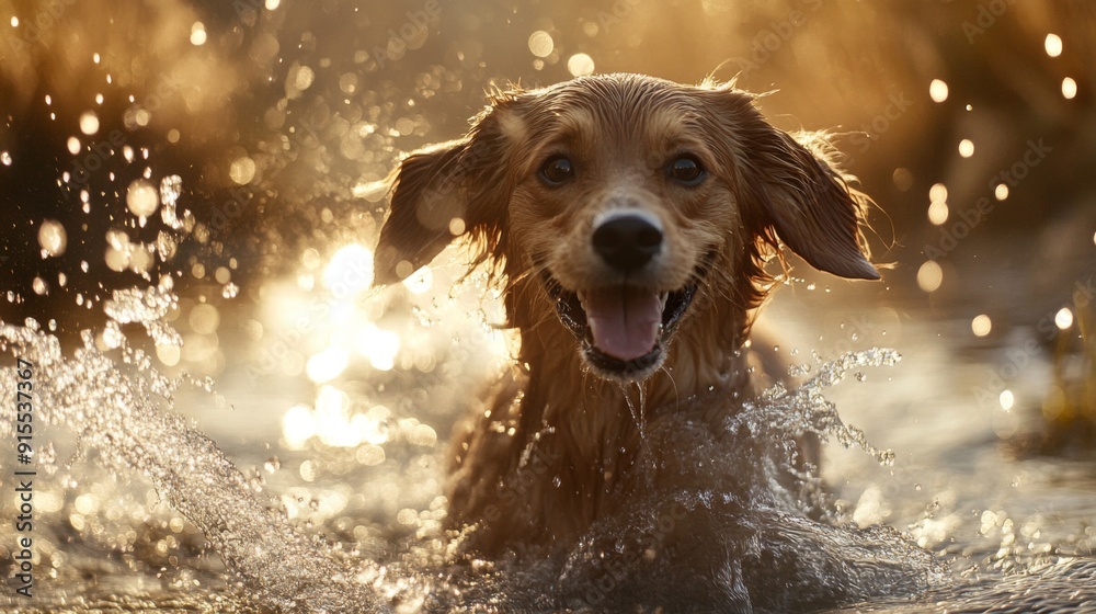 Poster a detailed view of a dog splashing in a shallow stream, with water droplets flying around and a look