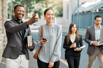 Happy, business people and lawyers in outdoor with walking, diversity or collaboration as...