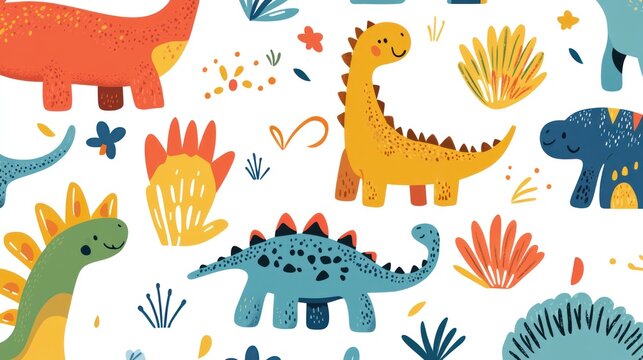 Cute dinosaur design pattern in colorful scheme simple lines art style for cute kids theme minimalist abstract design