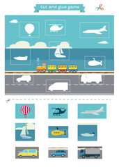 Learning vehicles. Cut and glue educational children game. Matching shadow game worksheet for kids.	