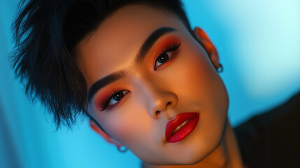 A beautiful makeup or beauty editorial style close up shot of an East Asian trans model in immaculate makeup, airbrushed look, wide landscape format 16:9