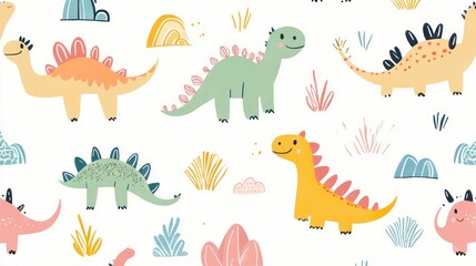 Cute dinosaur design pattern in colorful scheme simple lines art style for cute kids theme minimalist abstract design