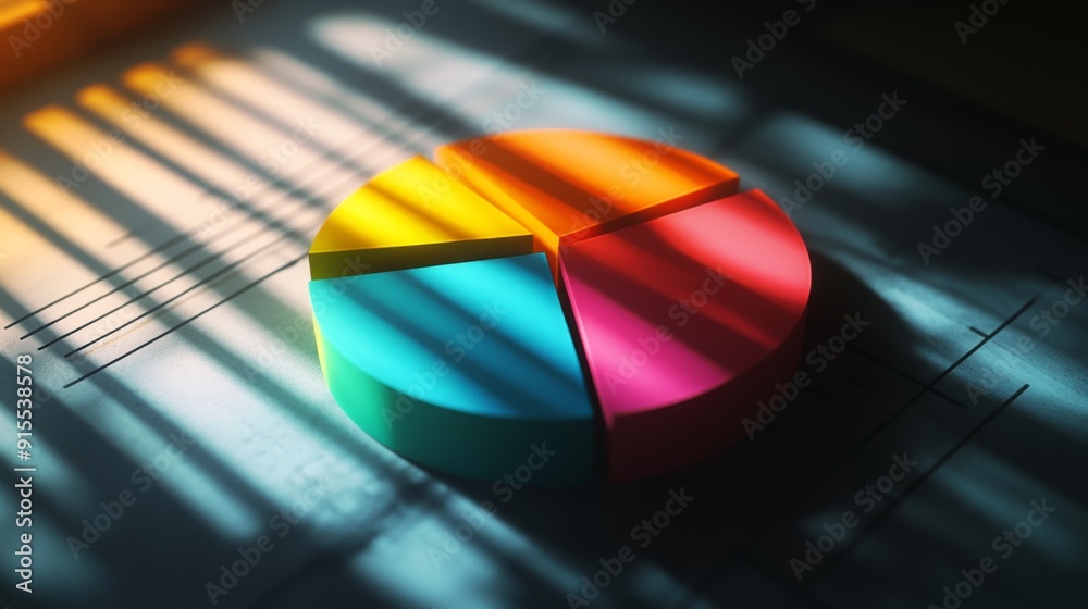 Poster A detailed view of a pie chart with 3D effects and shadows, illustrating business data with a modern and dynamic look.