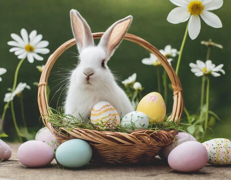 Greeting card for Easter, with Easter eggs in a nest on a pink background