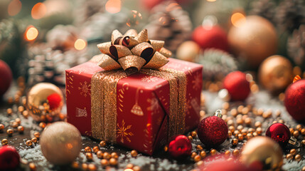 Christmas red gift box with golden ribbon under the Christmas tree in living room with Decorations. Cozy festive atmosphere. Xmas Greeting card. Winter holidays