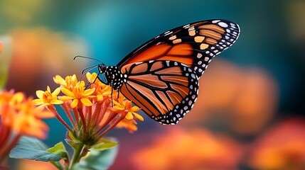 Fototapeta premium Delicate monarch butterfly with vibrant orange wings rests on a colorful flower, a captivating moment of nature's beauty