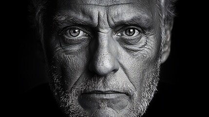 Obraz premium Black and white portrait of elderly woman with weathered skin and intense eyes, a timeless statue of human emotion