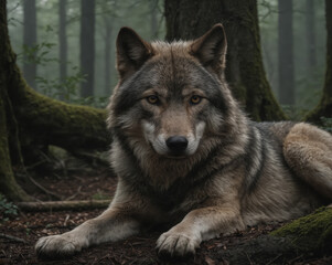 Fototapeta premium Wolf Resting in a Misty Forest