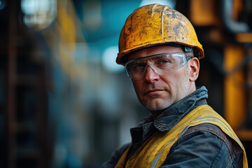  Middle-aged professional in a steel plant, equipped with a yellow helmet and safety glasses, with a blurred industrial backdrop. Highlights safety and manufacturing skills.
