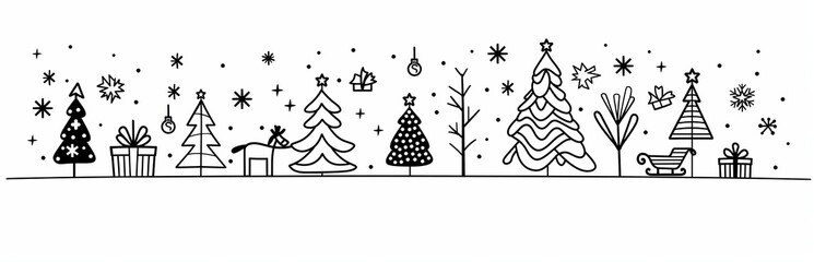 Monochrome Christmas Illustration with Stylized Trees, Gifts, and Snowflakes