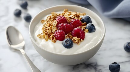 A bowl of creamy yogurt topped with granola, honey, and fresh berries, arranged on a marble countertop, capturing a healthy and balanced breakfast option