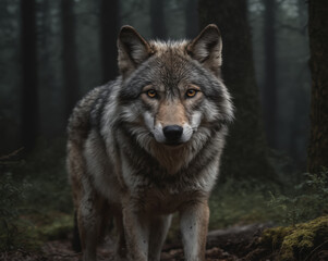 Mysterious Wolf in Misty Forest