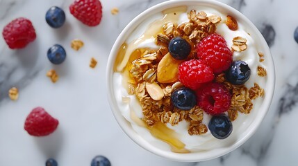 A bowl of creamy yogurt topped with granola, honey, and fresh berries, arranged on a marble countertop, capturing a healthy and balanced breakfast option