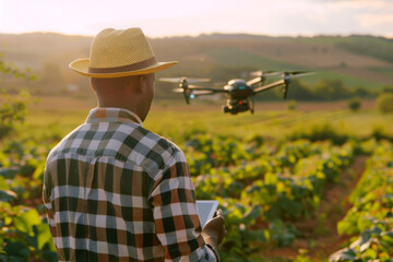 Farmer controls drone in grape field. Smart modern agricultural practices with technology and machinery