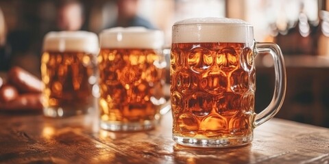 Mug beer. Full glasses of mug beer. Oktoberfest beer festival in Germany
