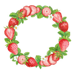 Round wreath of garden strawberries. Watercolor flowers and leaves of ripe red berries are collected in a round frame. Composition from farm strawberries to decorate an eco-product. rustic clipart.