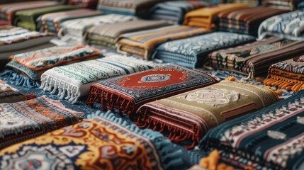 Decorated prayer mats arranged neatly on the floor.