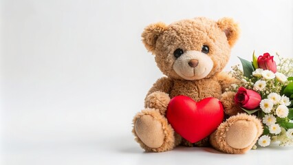 Obraz premium Teddy bear with heart and flowers on white background, perfect for Valentine's Day celebration, Valentine, love, cuddly, plush, romance