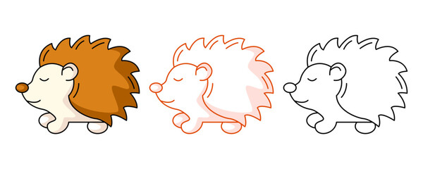 Cute hedgehog, colorful and line icon set. Forest mammal animal, fall seasonal concept, vector flat outline icon, monochrome red and color illustration. For logo, sticker, coloring book, label