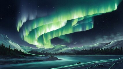 Aurora Night sky Northern Mountains Trees Water Winter Artwork design