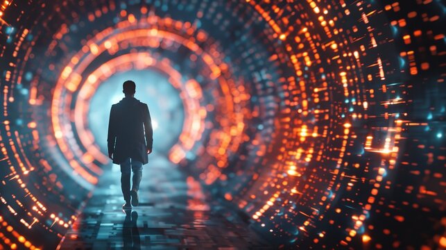 Man Walking in Futuristic Technology Tunnel with Comput