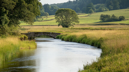 Fototapeta premium A peaceful river flowing through a countryside landscape with a small bridge