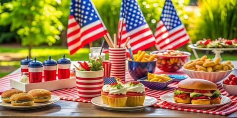 Table set with patriotic themed food for USA 4th of July celebration, copy space, 4th of July, independence day