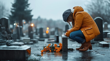 Woman grieving at a cemetery in winter, kneeling by a tombstone with orange flowers on the ground under a gray, raining sky.