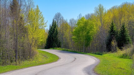 Fototapeta premium A winding country road is surrounded by lush greenery and fresh leaves, basking in sunlight beneath a clear blue sky in northern Wisconsin
