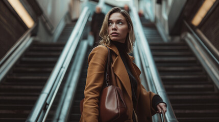 Obraz premium Stylish Woman in a Camel Coat Riding an Escalator