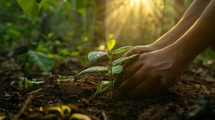 Fototapeta premium Hands Planting a Young Tree in Fertile Soil with Sunlight Streaming Through Leaves