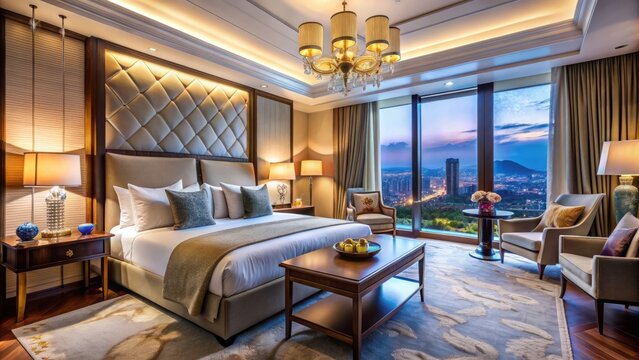 Opulent hotel room featuring sleek modern decor, lavish furnishings, plush bedding, and breathtaking views, perfect for a luxurious and rejuvenating getaway or romantic escape.