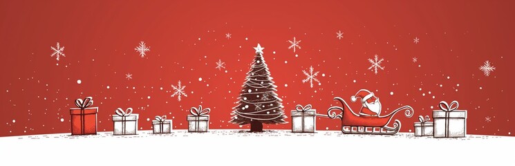 Fototapeta premium Festive Christmas Scene with Santa's Sleigh and Decorated Tree on Red Background
