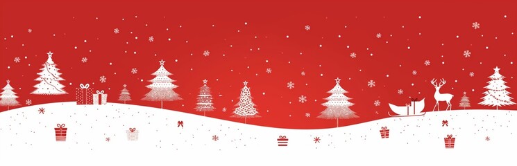 Winter Christmas Landscape with Reindeer and Snow-Covered Trees in Red and White Theme