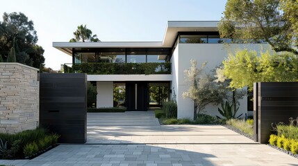 A modern white house with black gates and landscaping, showcasing its sleek design and elegant exterior.