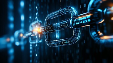 Abstract digital chain link with binary code, representing blockchain technology.