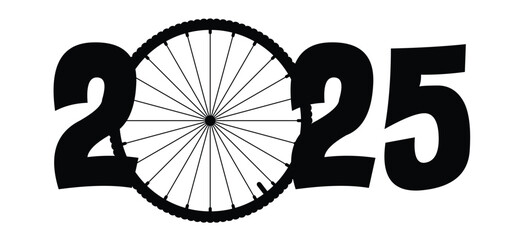 Happy new year 2025. Cartoon cycling wheels line pattern. Sport icon. Cyclist wheel logo or pictogram. Cycling or bike rims symbol. 2024 calendar, day.