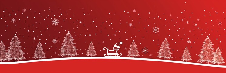 Christmas Illustration with Santa Claus in Sleigh Amid Snowy Trees on Red Background
