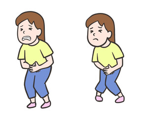 お腹が痛い女性と漏れそうな女性のセットイラスト