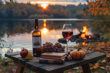 outdoor picnic  with wine, fruits and book on river bank with fire  and autumn sunset. fall season concept. romantic getaway, peaceful atmosphere