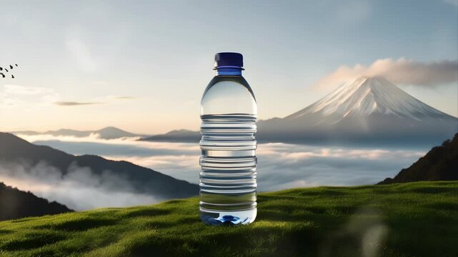 Plastic bottles on a cliff with a background of mountains still covered in dew. Seamless 4K looping timelapse video animation generated AI - Powered by Adobe