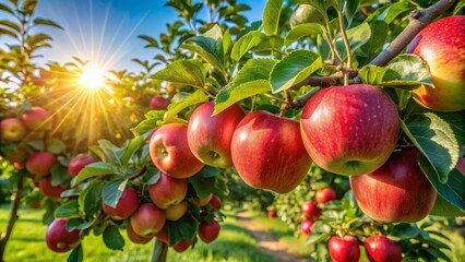 Obraz premium Ripe apples cling to the branch of an espalier apple tree, their red and green skin glistening in the warm summer sunlight in a lush Wisconsin orchard.